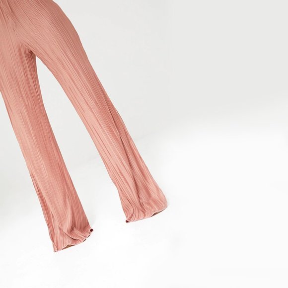 WIDE LEG PANTS • Petite Pink Pleated Split Pants - Picture 3 of 9